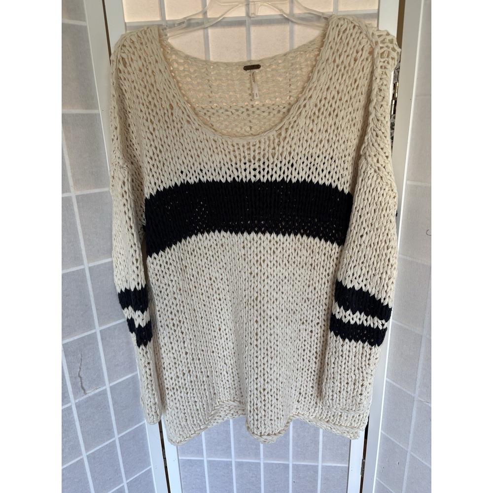 FREE PEOPLE Sweater Chunky Crotchet Boxy Oversize Baggy Knit Sz S Nautical